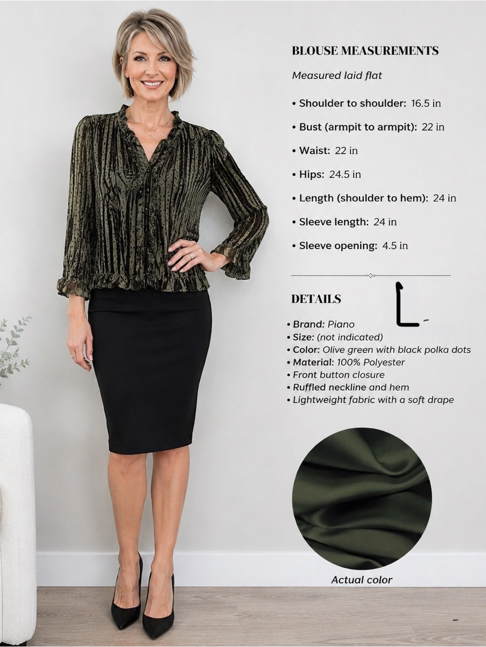 Women’s olive green Polka Dot Ruffled Button-Front Blouse